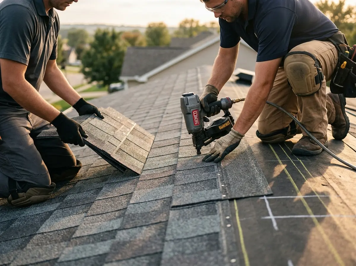 Professional roofer working on a residential roof in Dalton